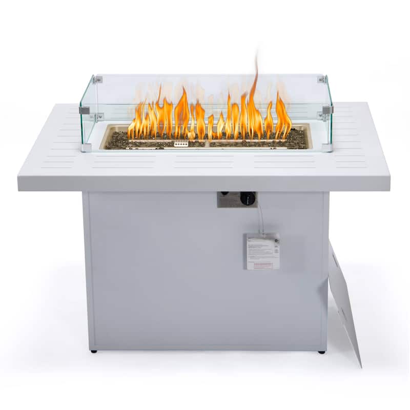 LeisureMod Chelsea 44" Modern 55000 BTU Propane Patio Fire Pit Table with Wind Guard for Porch Backyard Garden Decor