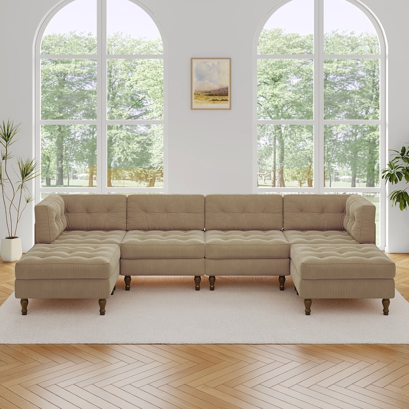 130"W Corduroy Upholstered Modular Sectional Sofa with Storage Ottoman - Camel
