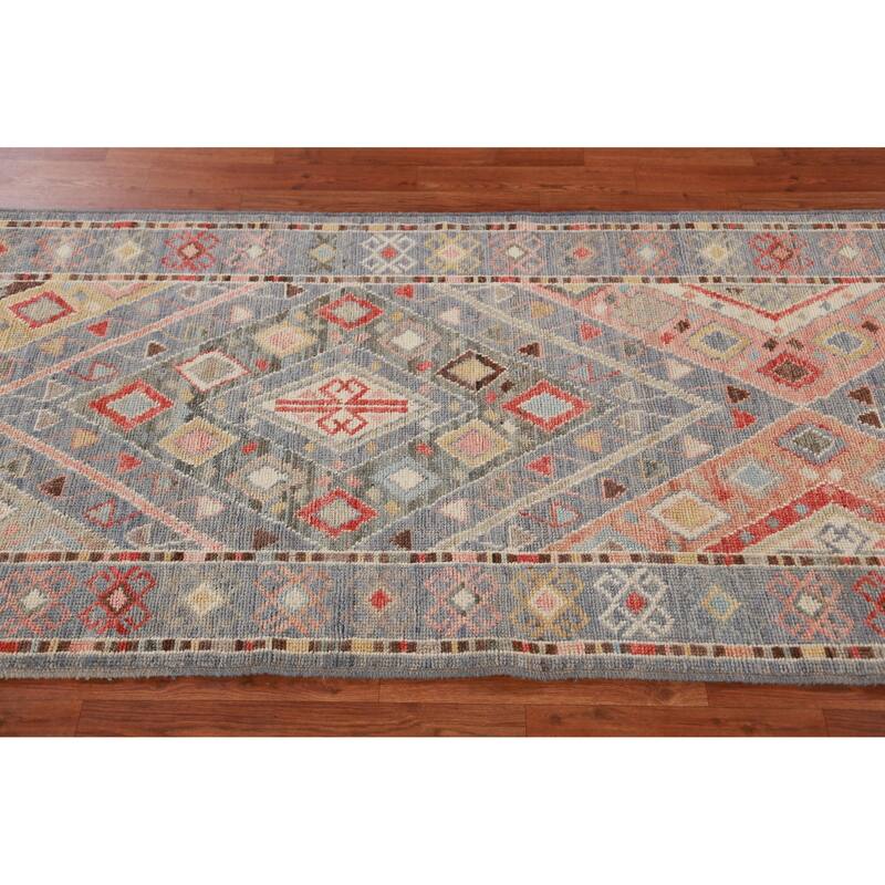 Hand Knotted Oriental 100% Wool Carpet Transitional Geometric Navy Blue & Blues Oushak Runner Rug - 12' 0'' X 3' 2''