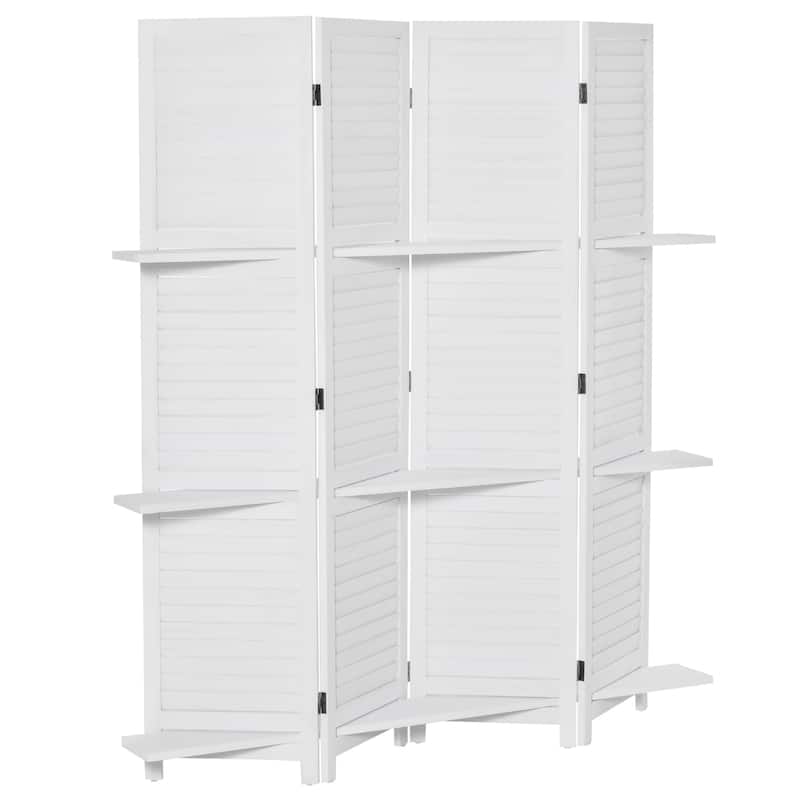 4 Panel 67" Tall Wood Privacy Screen Room Divider with 3 Display Shelves, and Folding Storage for Bedroom or Home Office, White