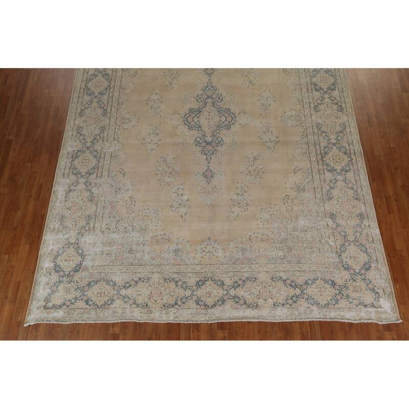 Distressed Floral Kerman Persian Area Rug Hand-knotted Wool Carpet - 10'1" x 14'1"