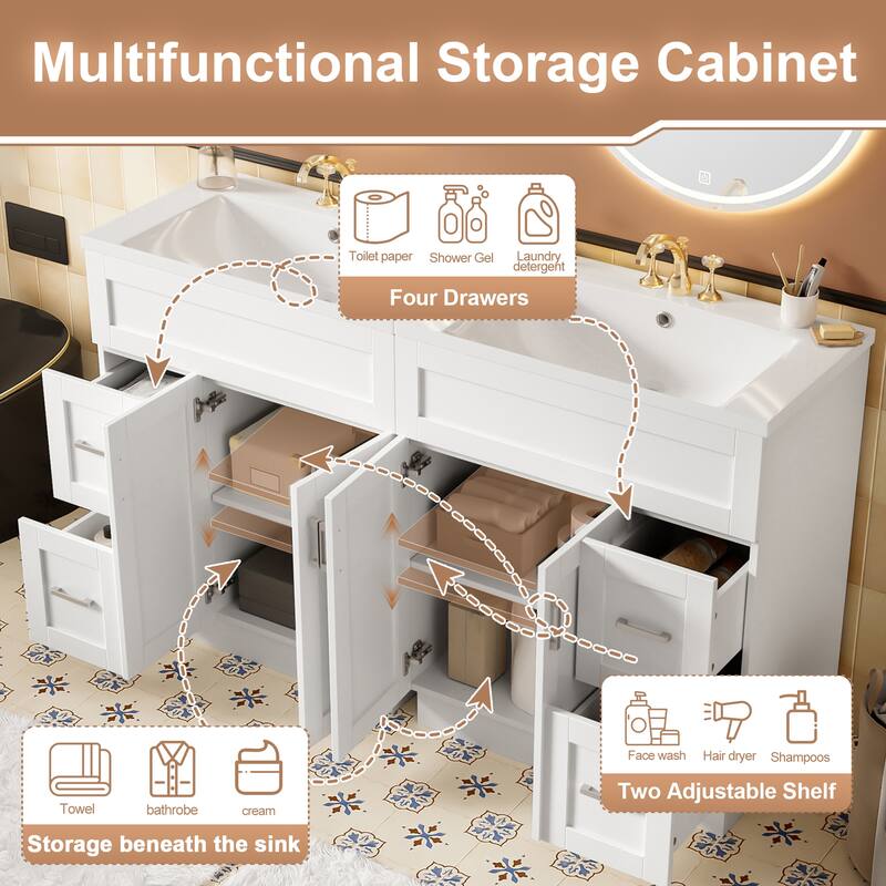 60" Double Bathroom Vanity with Dual SMC Resin Sinks, 4 Doors, 4 Drawers, and Soft-Close Hardware