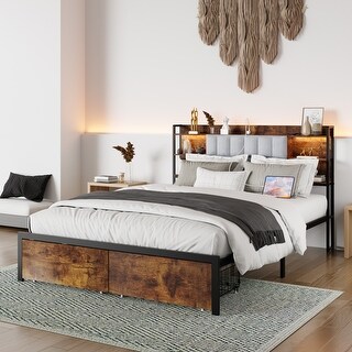 Dark Brown Queen Bed Frame with Bookcase Headboard 2 Drawers USB Ports ...