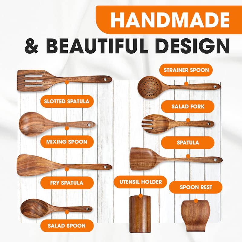 Cheer Collection 9 Piece Wooden Utensil Set with Holder and Spoon Rest
