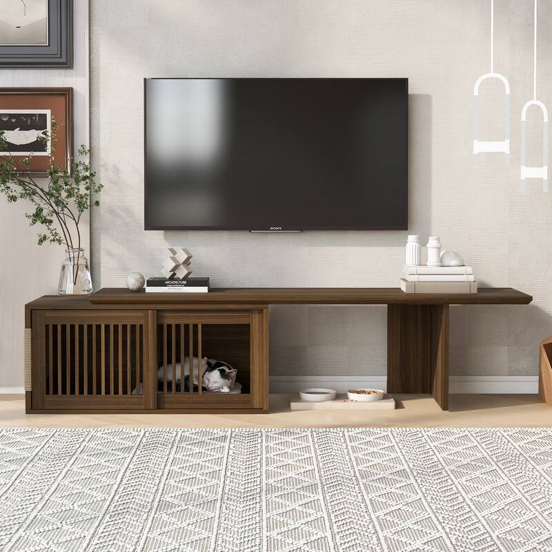 2 in 1 Cat TV Stand Entertainment Center with Extendable Table, Litter Box Enclosure with Cat Scratcher