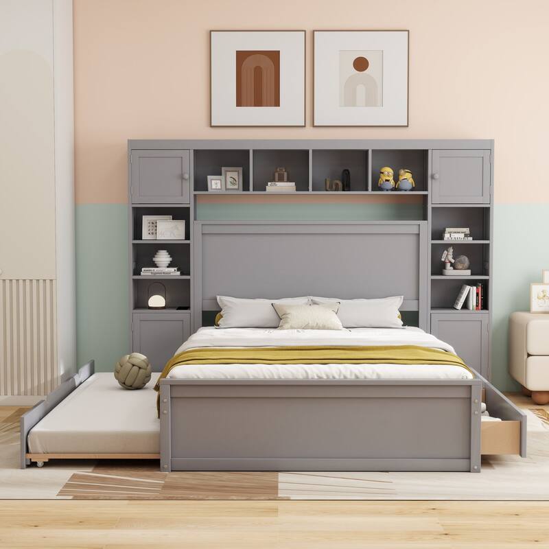 Modern Platform Bed with Integrated Cabinet and Drawers - Grey - Queen