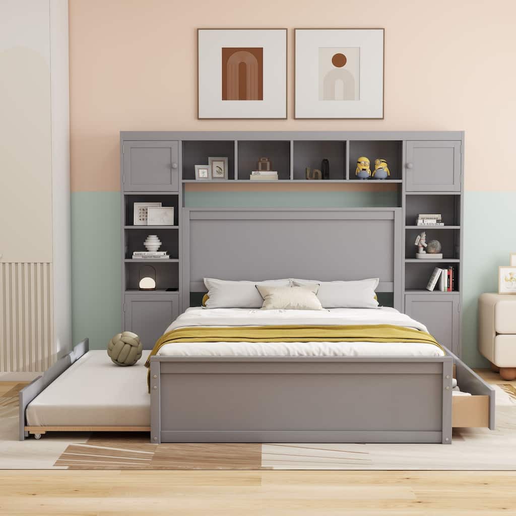 Modern Platform Bed with Integrated Cabinet and Drawers