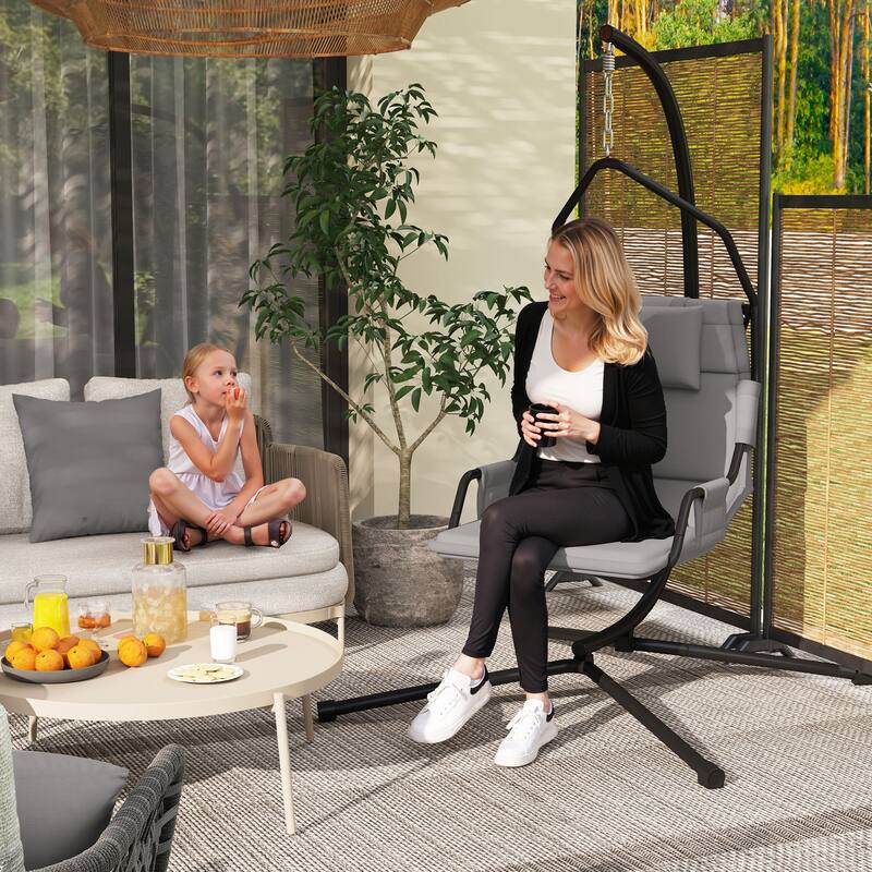 Patio Swing Chair with Steel Frame, Cushion, and Adjustable Swing - 46.5" L x 38.6" W x 75.6" H