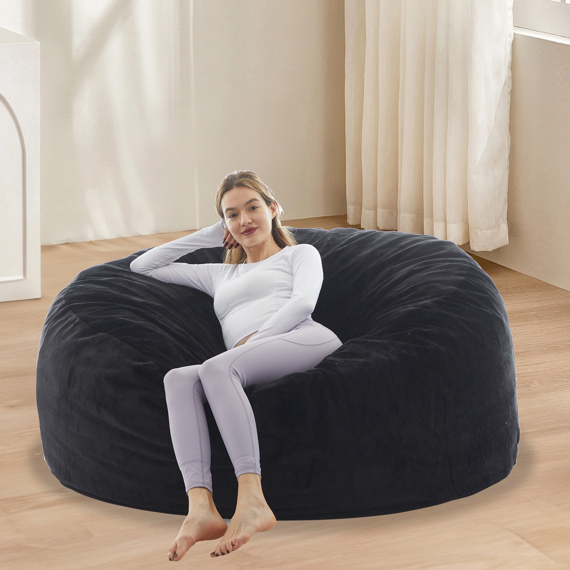 Oversized Black Flannel Bean Bag Chair, High Rebound Sponge Filled Lounge Sofa with Removable Washable Cover