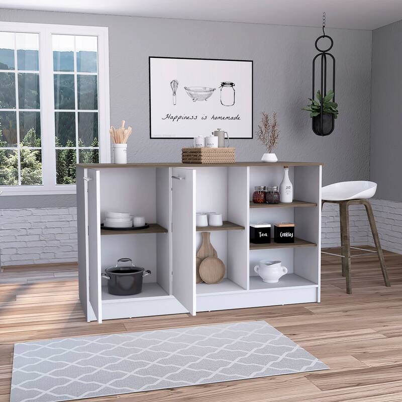 White/Dark Brown Kitchen Island with 3 Open Shelves, 2 Cabinets, Spacious Countertop