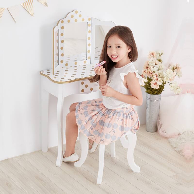 Teamson Kids Gisele Polka Dot Kids Vanity Table & Stool, White & Gold - 23.5" L x 11.73" W x 39.25" H