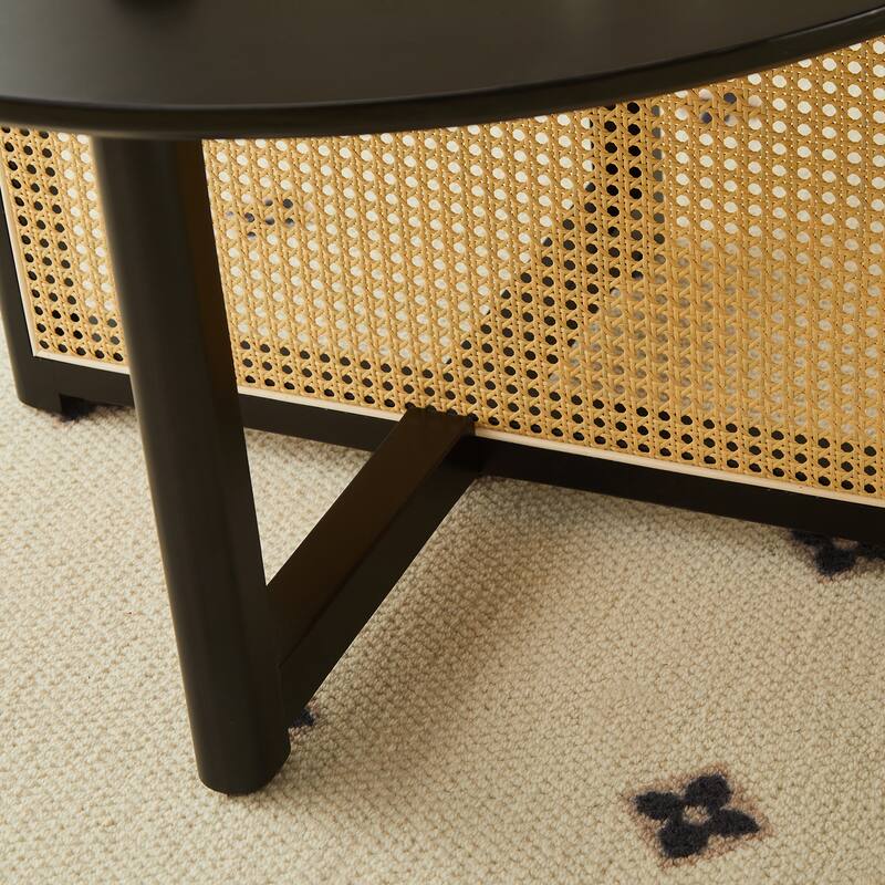 Mid Century Wooden Coffee Table Bohemian Style Coffee Table with Solid Wood and Frame Rattan Stand, for Living Room