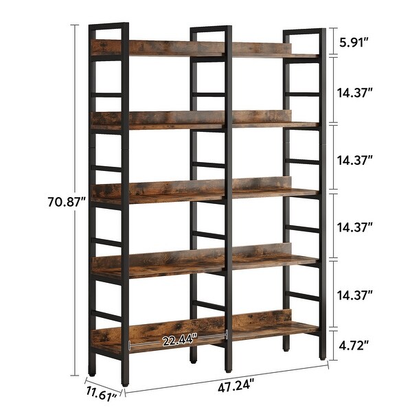 Double Wide Bookcase, 5-Tier, Wooden Shelves, Sturdy Metal Frame
