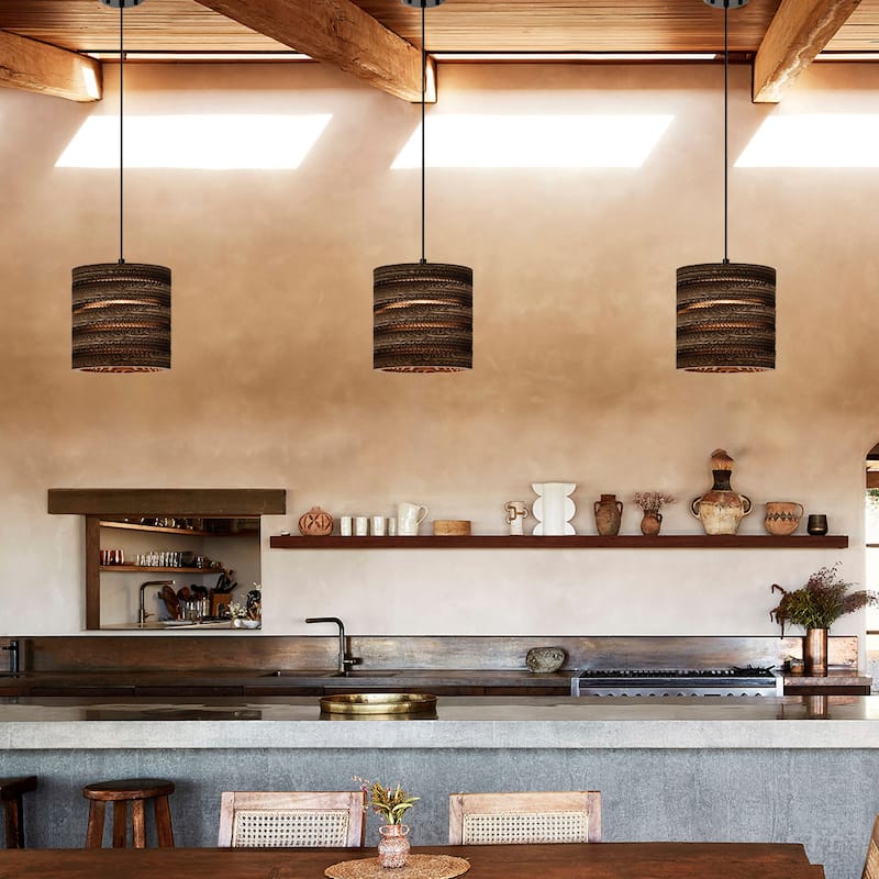 1-light Brown Natural Pendant Light With Nordic Style Cylinder Cardboard Shade For Dining Table