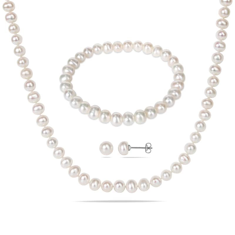 3 Pc. 6-7 MM Cultured FW Pearl Jewelry Set in Silvertone by Miadora - 7 inch x 7.4 mm x 6.5 high
