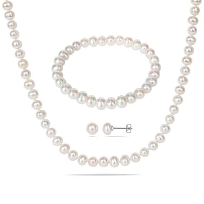 3 Pc. 6-7 MM Cultured FW Pearl Jewelry Set in Silvertone by Miadora - 7 inch x 7.4 mm x 6.5 high