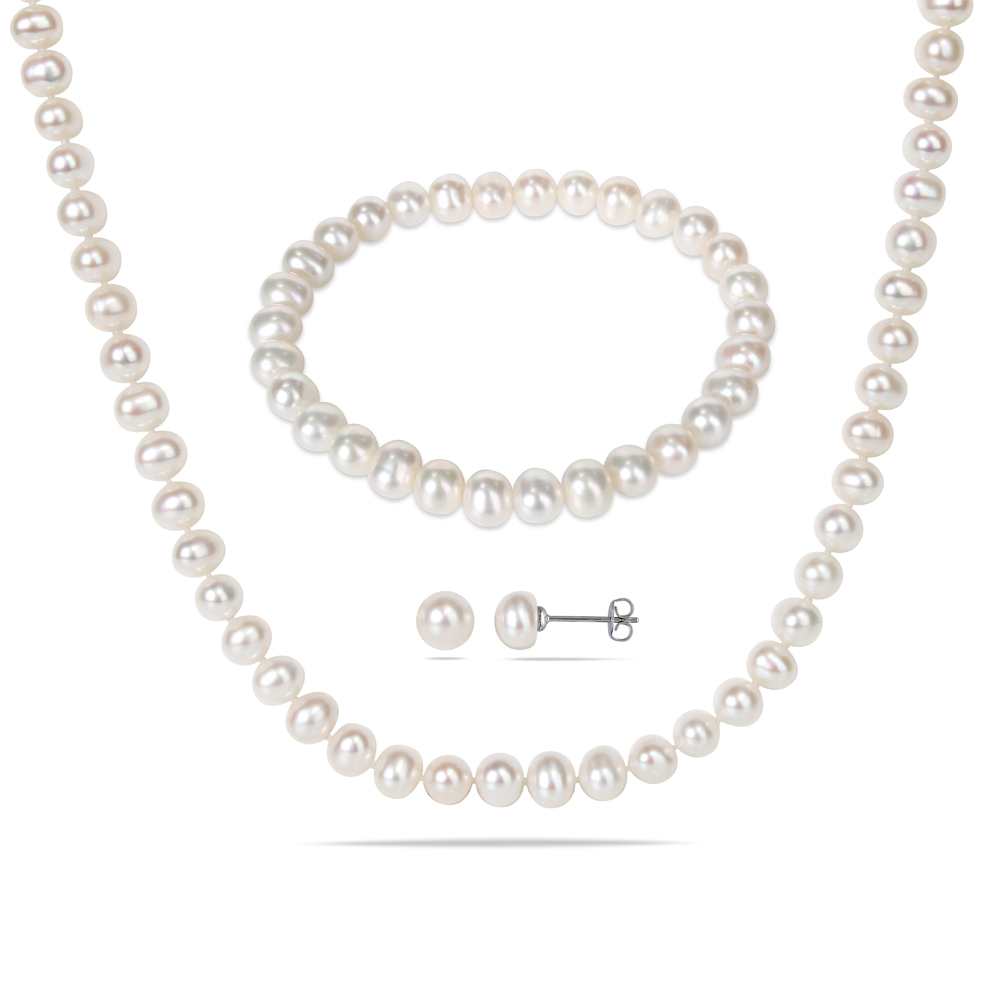 Miadora 3 Pc. 6-7mm Cultured FW Pearl Jewelry Set Silvertone - 7 inch x 7.4 mm x 6.5 high