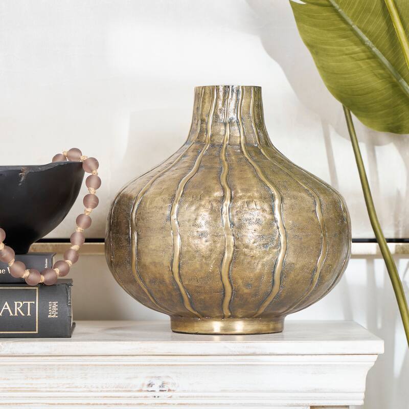 Brass Metal Wide Snakeskin Inspired Decorative Vase with Dimensional Wavy Accents - Brass