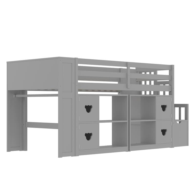 Grey Twin Size Low Loft Bed with Shelves, Storage Headboard, and Stairs