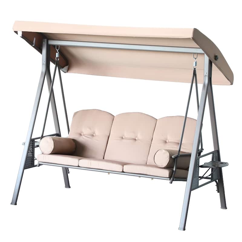 Outsunny Outdoor Patio 3-Person Canopy Cushioned Seat Bench Swing with Included Side Trays & Padded Comfort - Brown