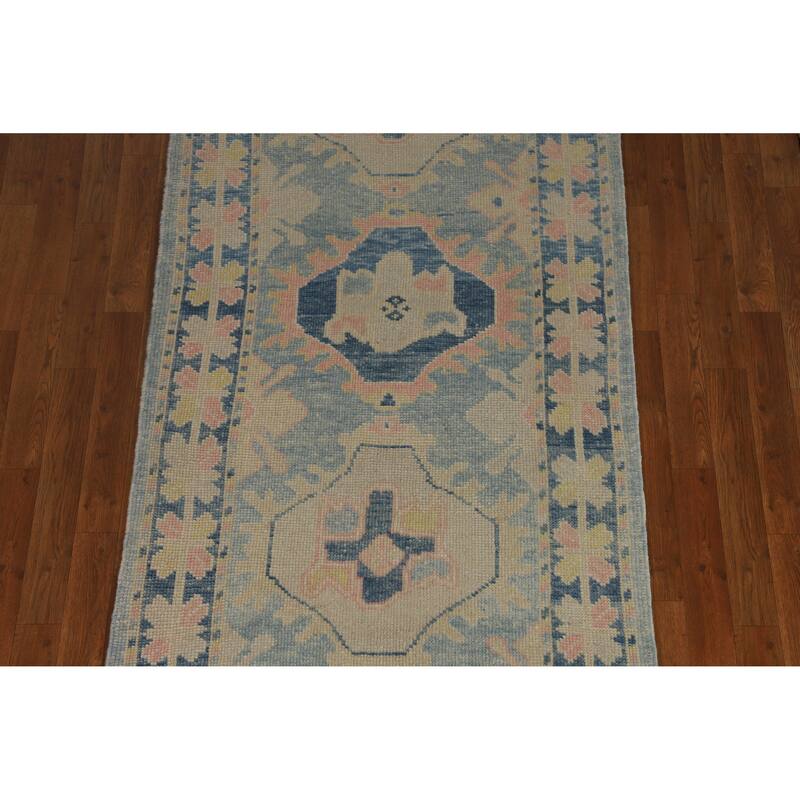 Hand Knotted Oriental 100% Wool Carpet Transitional Geometric Navy Blue & Blues Oushak Runner Rug - 11' 4'' X 3' 5''