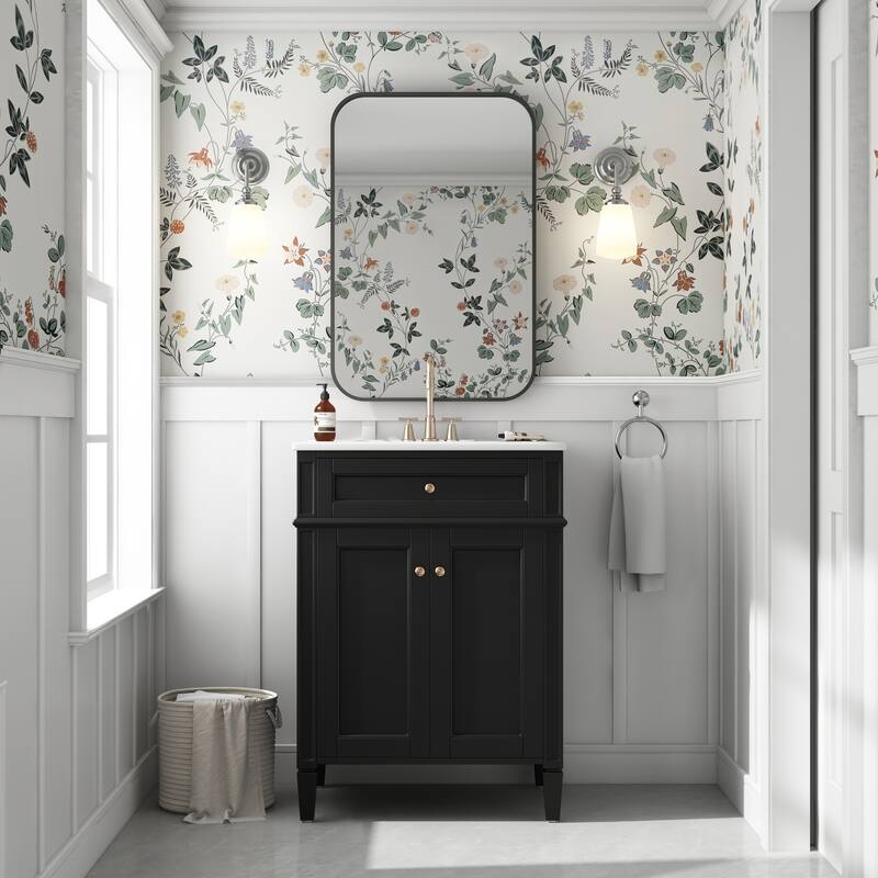 24" Bathroom Vanity with 2 Doors and Tip-Out Drawer, Bathroom Storage Cabinet with Sink, Soft-Closing Doors with Organizers