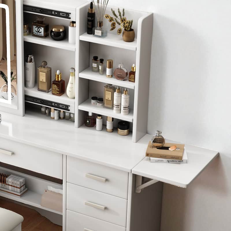 Vanity Desk with Mirror & LED Lights, 5 Drawers, Open Shelves & Chair, Makeup Table Set with Adjustable Lighting