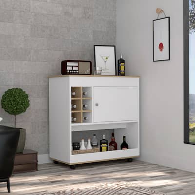 Camelia Bar Cart, Lower Panel, Six Bottle Cubbies, One Cabinet -Light Oak / White