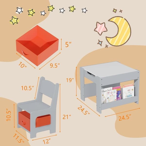 dimension image slide 1 of 2, Kids Table and Chair Set, 4 in 1 Children Activity Table & 2 Chairs with Storage Drawer Detachable Tabletop