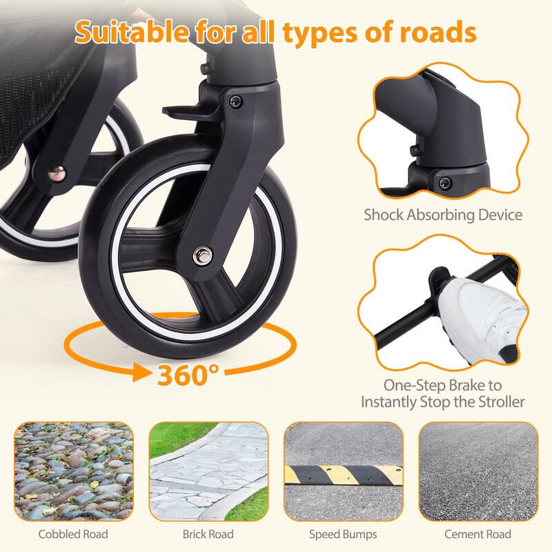 3-in-1 Reversible Baby Stroller with Adjustable Backrest and Canopy