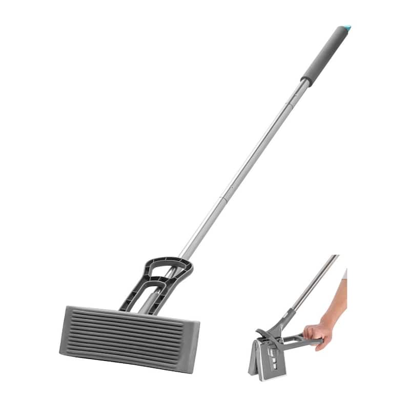 Grey Stainless Steel PU Sponge Mop with Folding Water-Press Handle and Adjustable Tube - 10.9×3.74×50.98 inch