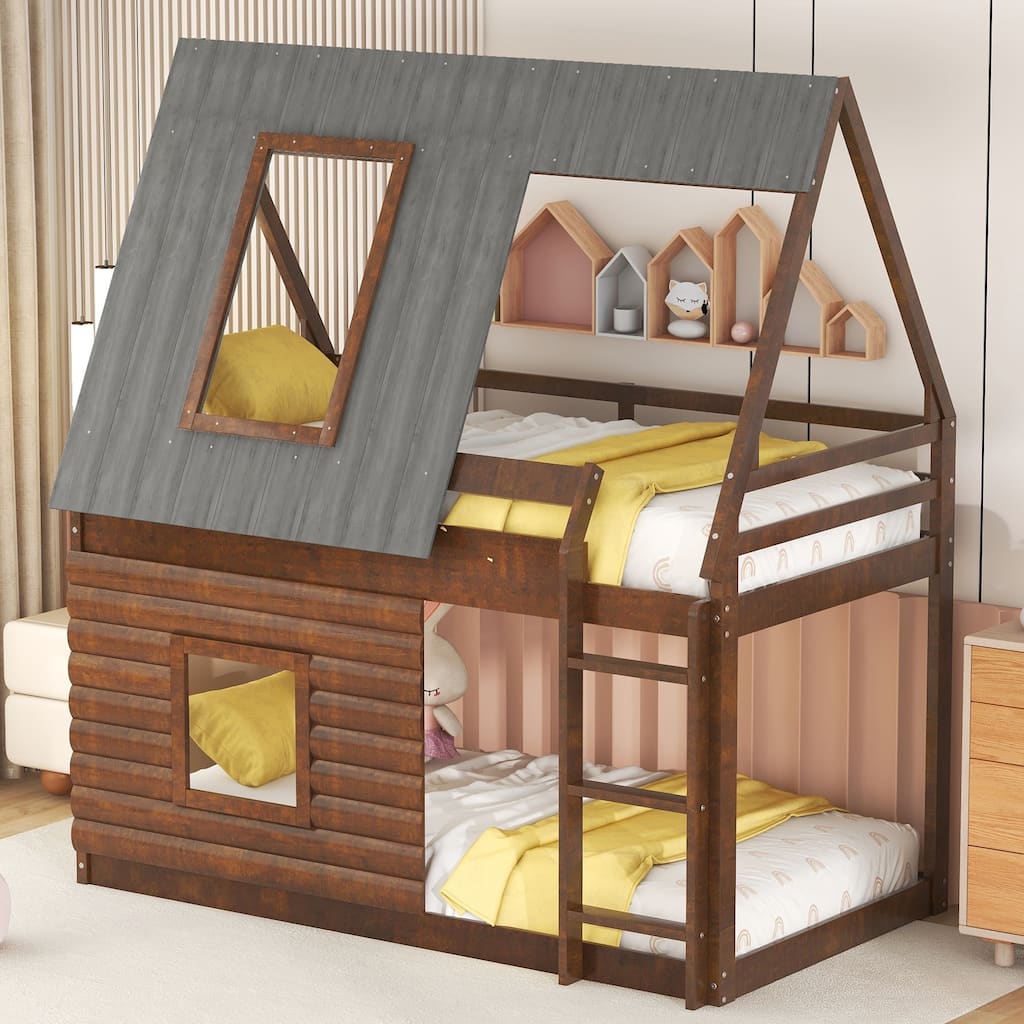 Wood Twin Size House Bunk Bed with Roof, Ladder, and Windows