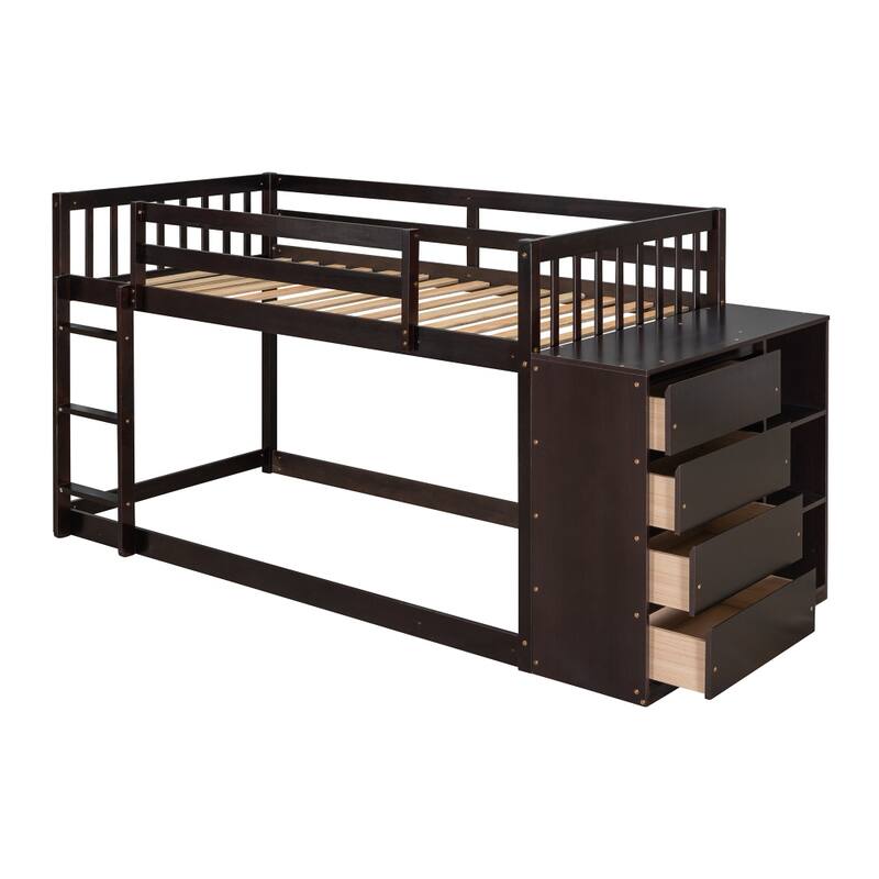 Twin over Twin Bunk Bed with 4 Drawers and 3 Shelves