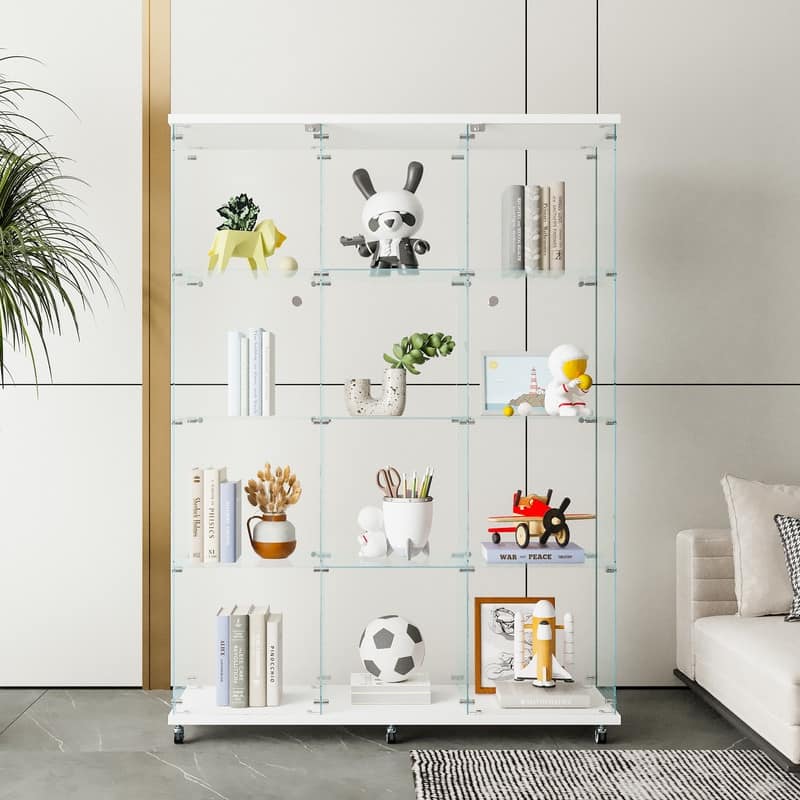 Glass Display Cabinet with Doors & Locks, Acrylic Shelves, Floor Standing Storage Showcase for Home or Office