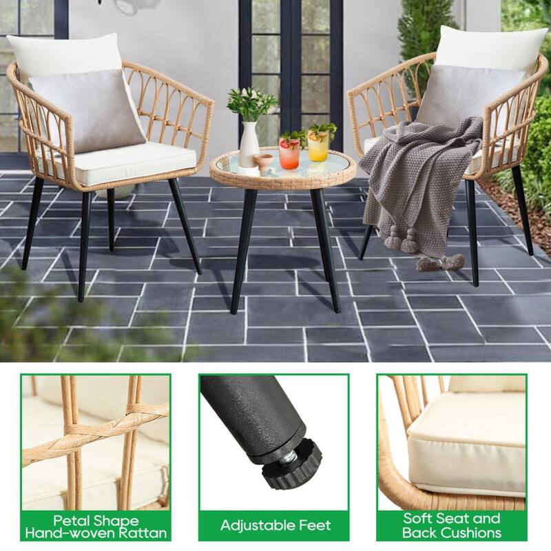 3-PC Outdoor Wicker Conversation Set w/ 2 Cushions, Glass Coffee Table