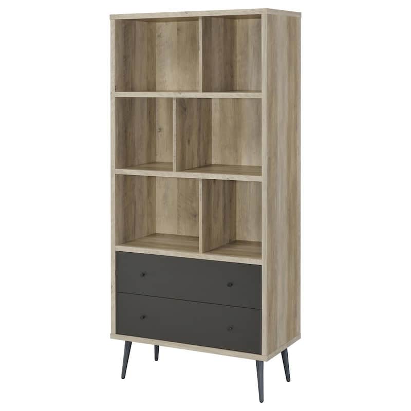 70 Inch Bookcase, 3 Shelves, Vertical Dividers, 2 Drawers, Brown, Gray