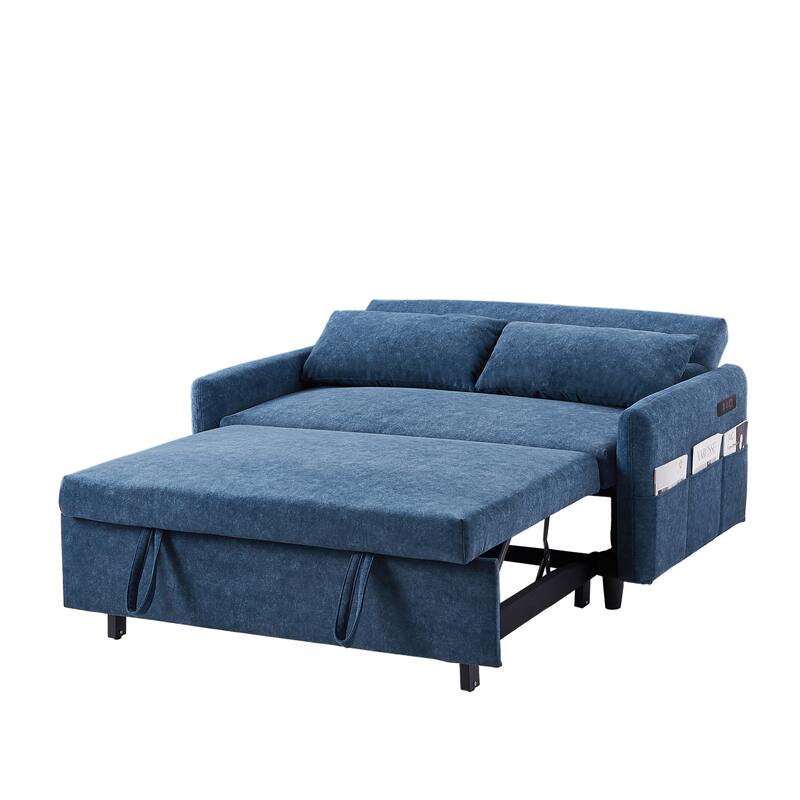 3-in-1 Pull Out Sofa Bed, Couch Bed with Adjsutable Back and Storage Pockets, 2 Seater Sofa with 2 Soft Pillows and USB Ports