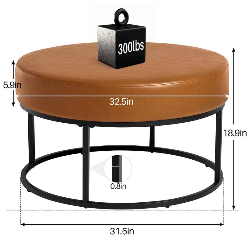 Faux Leather Round Ottoman for Living Room with Metal Legs