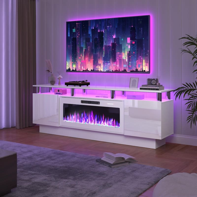 BOSSIN 70" Modern Electric Fireplace TV Stand, with Electronic Flame and LED Lights, High Gloss Finish Entertainment Center
