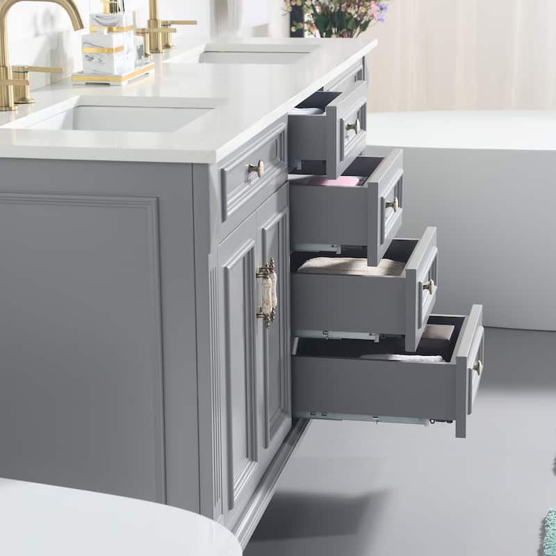 35'' H Solid Wood Bath Vanity with Stain-resistant Carrera White Quartz Top and Double Sink