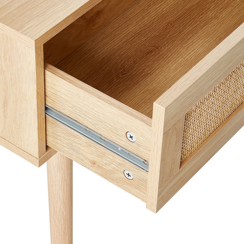 Rattan Console Table with 2 Storage Drawers, Rattan Entryway Table with Natural Rattan Sliding Door, Console Sofa Table
