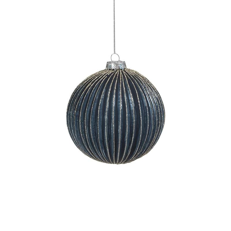 4.75" Ridged Blue Glass Ball Ornament with Glitter, Set of 4