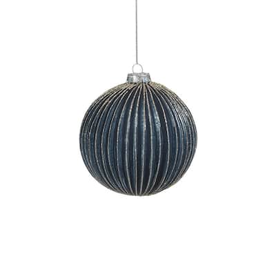 4.75" Ridged Blue Glass Ball Ornament with Glitter, Set of 4