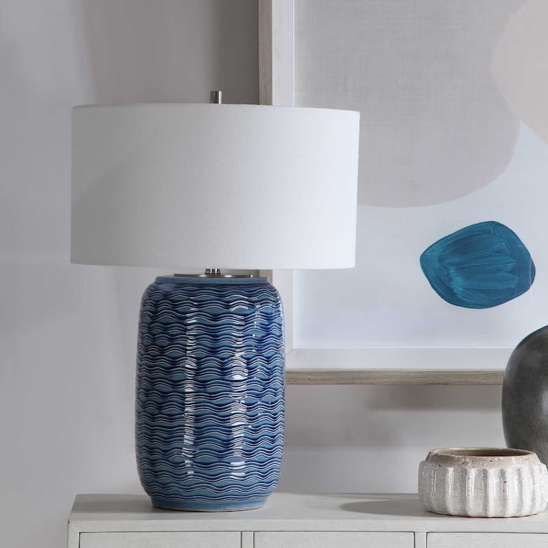 Coastal Ceramic Table Lamp with White Round Hardback Shade - 27" - Blue