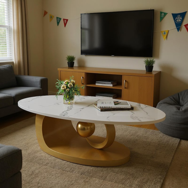 Homy Casa Marble Coffee Table with Sculptural Stainless Steel Base Family Paarty Gift