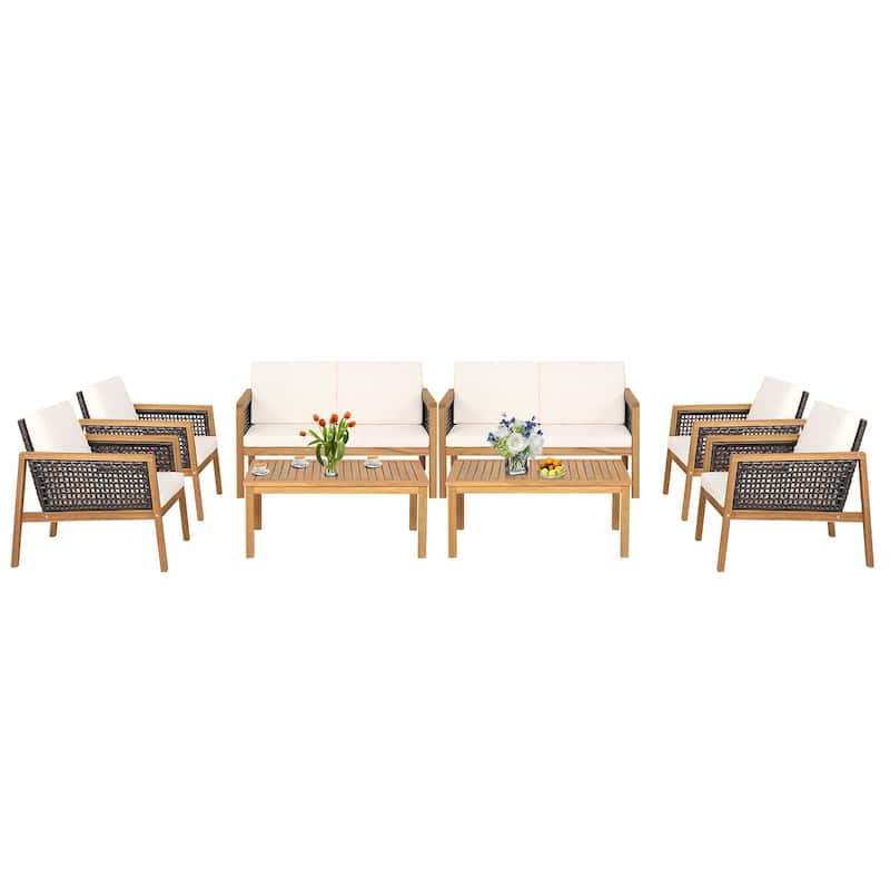 8PCS Patio Rattan Furniture Set Acacia Wood Cushioned Sofa Off - White