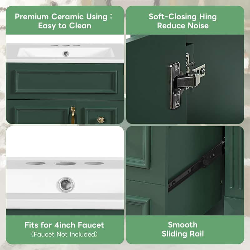 24" Bathroom Vanity with Ceramic Sink Bathroom Storage Cabinet with 2 Drawers and Adjustable Shelf