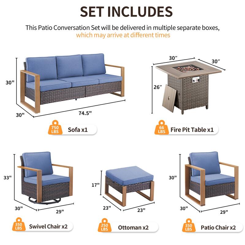 Pocassy 4/6/8PCS Sofa Swivel Chair with Fire Pit Table Set