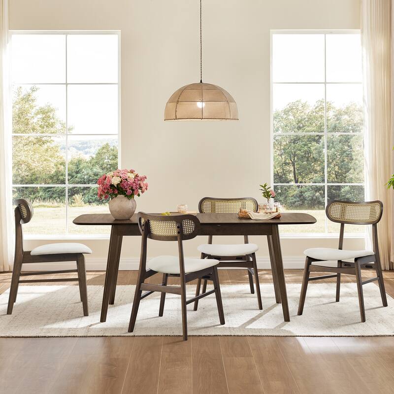 Spruce & Spring Modern Upholstered Dining Chair with Handwoven Rattan Back - Set of 4 - Walnut