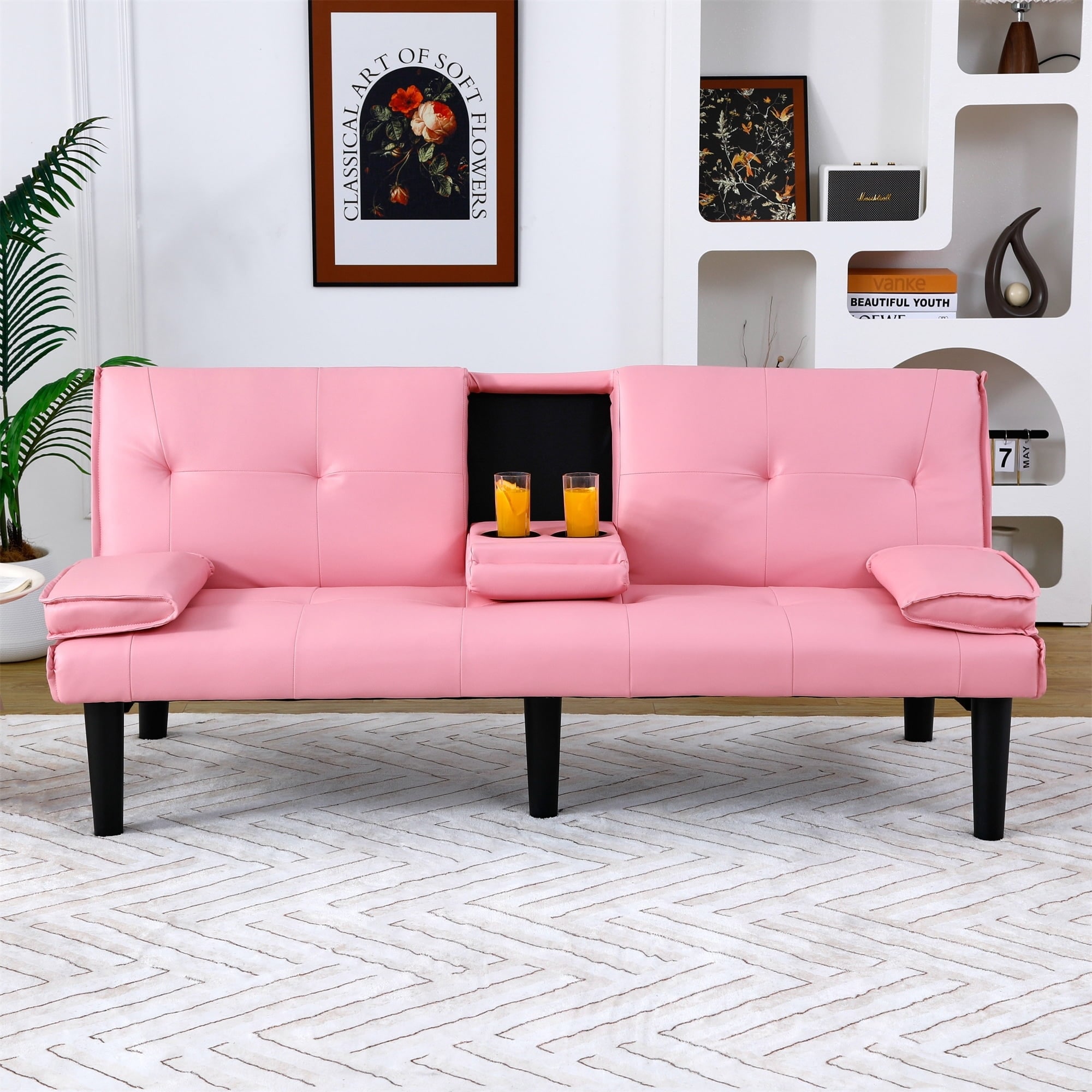 Pink Convertible Leather Futon Sofa Bed with Cup Holders, 67-inch Sleeper for Home Office